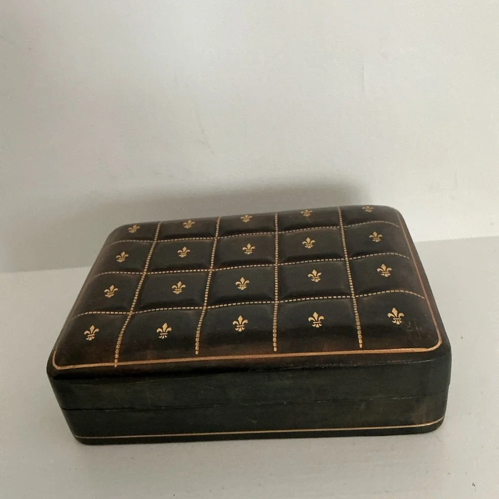 Vtg Italian Leather Jewelry Trinket Box Fleur de lis 5.5